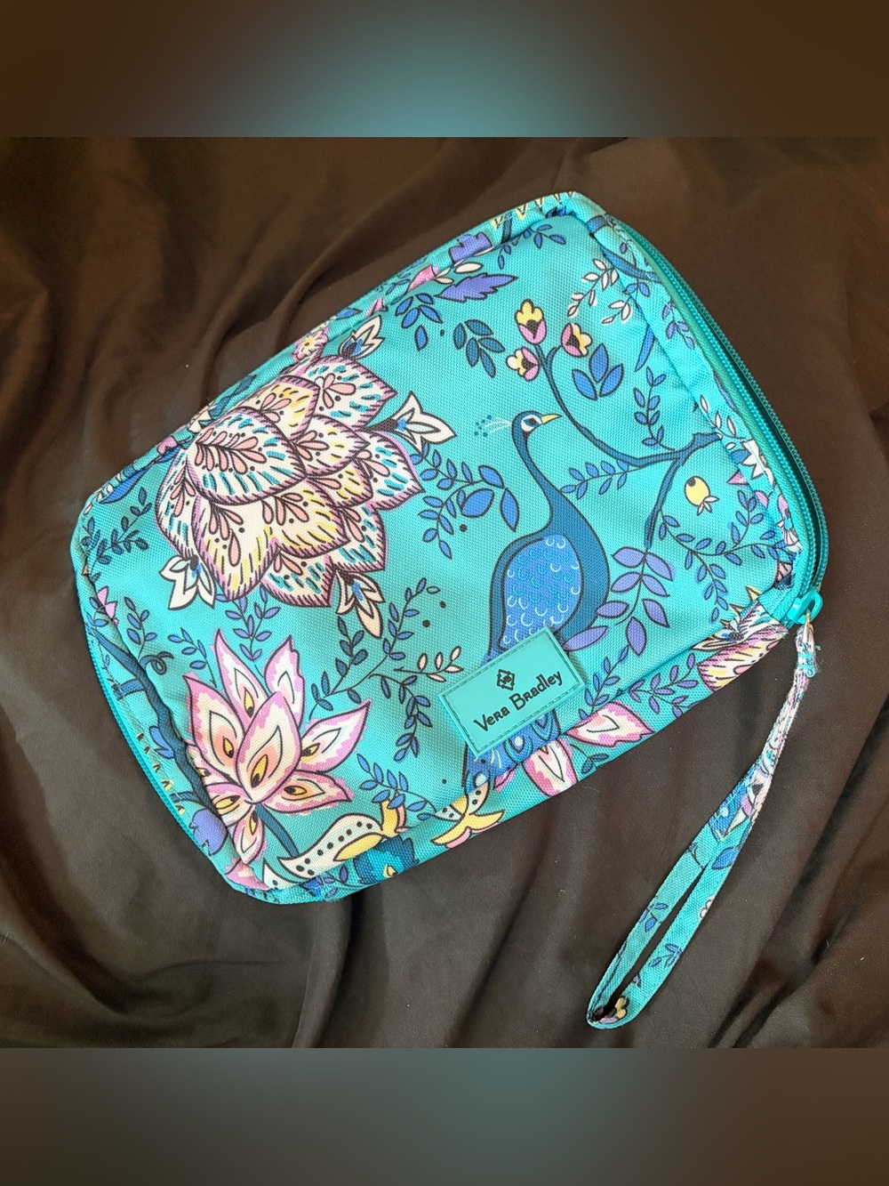 Vera Bradley Turquoise Floral & Peacock Cosmetic Wristlet
